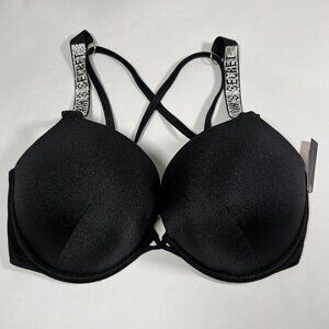 Victoria Secret 36D Bombshell Push Up Bikini Top Shine Strap LOGO Black